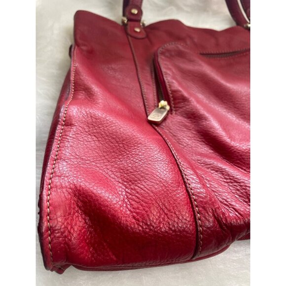 Large Red Leather Tote Bag With Double Handles Front Zipper Pocket - Picture 3 of 14